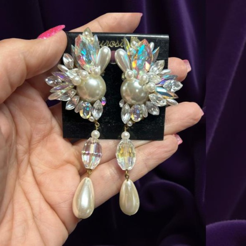 Vintage Elegant Pearl and AB Crystal Drop Earrings